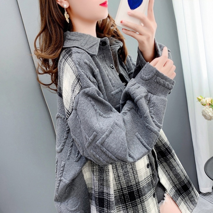 トップス アウター ビッグシャツコート 格子縞 ロングカーディガン パッチワーク レディース 春 秋 新作 ゆったり POLOカラー シングルブレスト ミドルロング丈 暖かい 長袖 ストリート ポップ