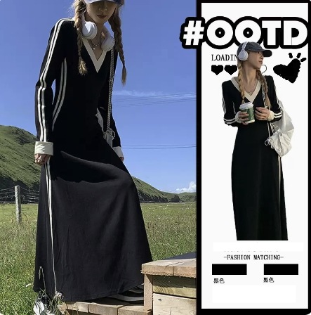 Vネックボーダーワンピース ロングワンピース 長袖ワンピース ロング ワンピース ドレス レディース 春 夏 秋 冬 D2