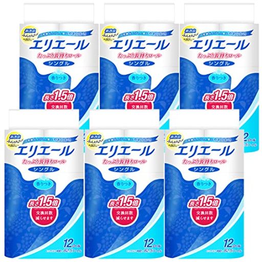 エリエール トイレットペーパー たっぷり長持ち 82.5M×72ロール(12ロール×6パック) シングル パルプ100% リラックス感のある香り【ケース販売】