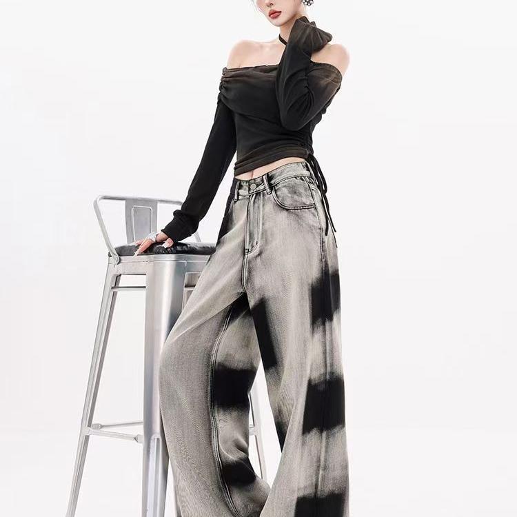 デニムパンツ レディース ボトムス タイダイ ジーンズ カジュアル ハイウエスト ワイド 春秋 グレー ブラック
