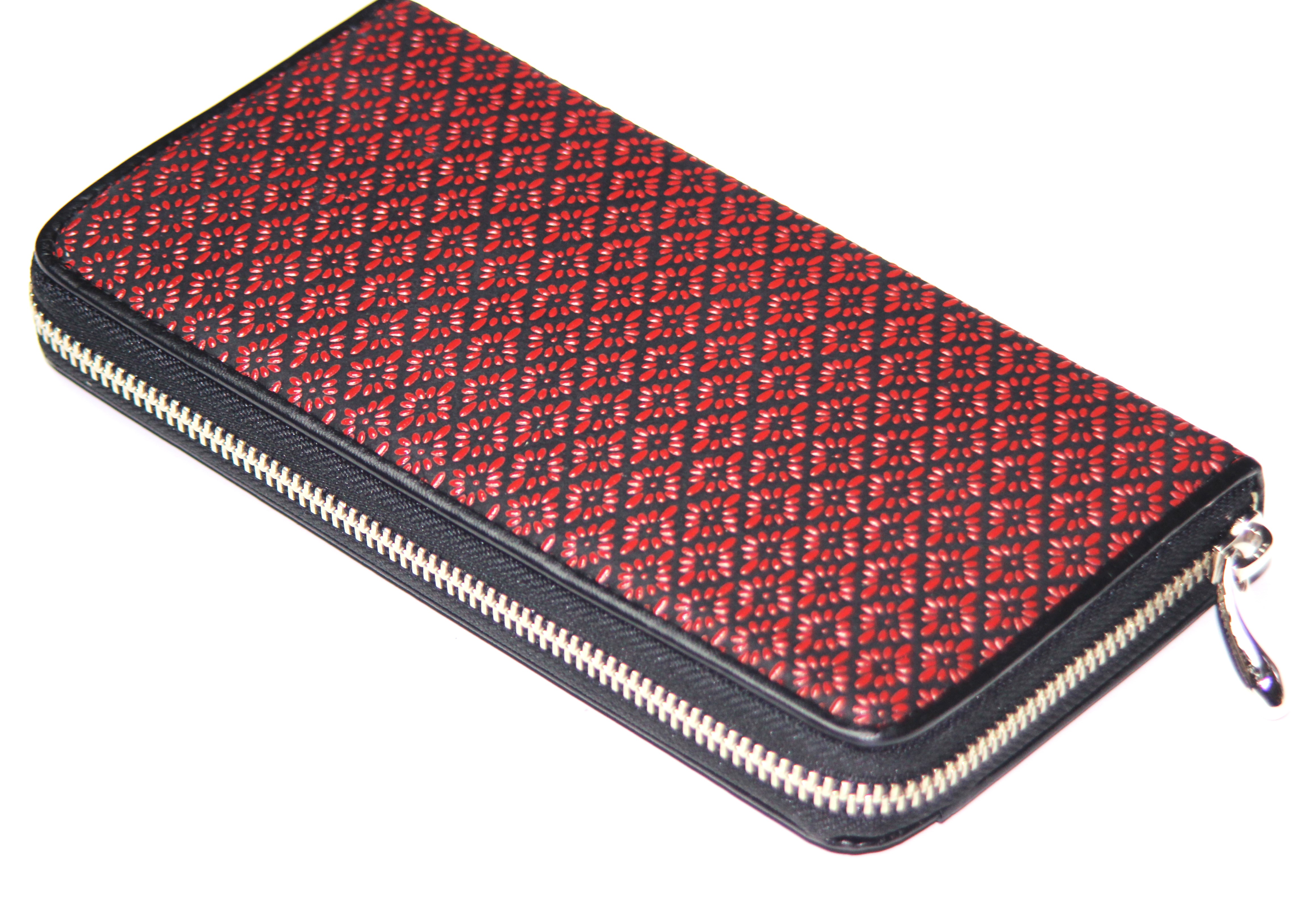 【新規OPEN】【期間限定セール】【激安】【新品未使用】 鹿革漆付け　牛革　菱菊模様柄　印伝　日本製　ラウンドファスナーロングウォレット　DRS-1300　赤