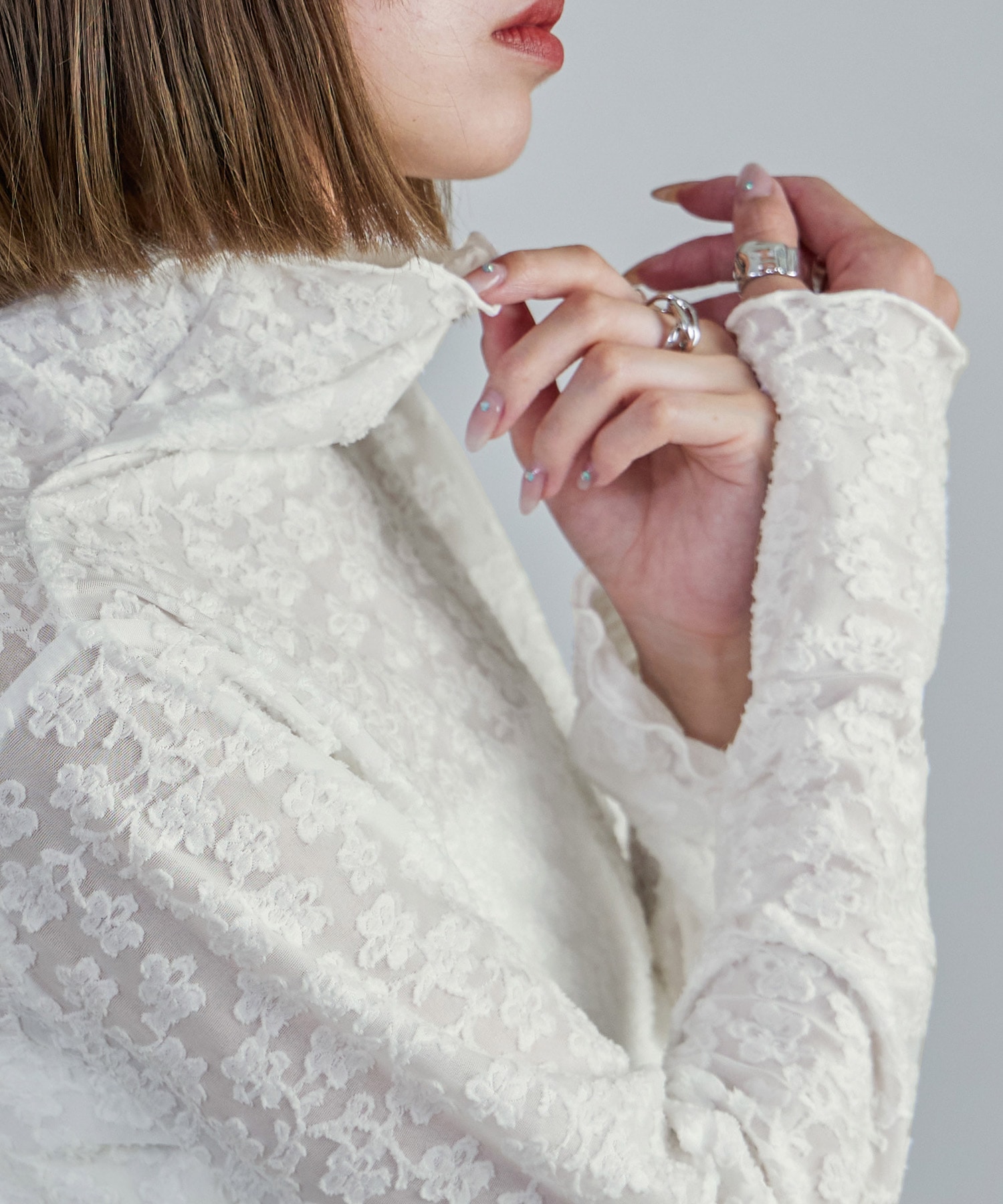 フラワーシアージャガードプルオーバー シースルー ハイネック メローデザイン レディース レイヤード フラワー トップス 重ね着 カットソー 透け感 プルオーバー 秋冬 春 花柄 長袖