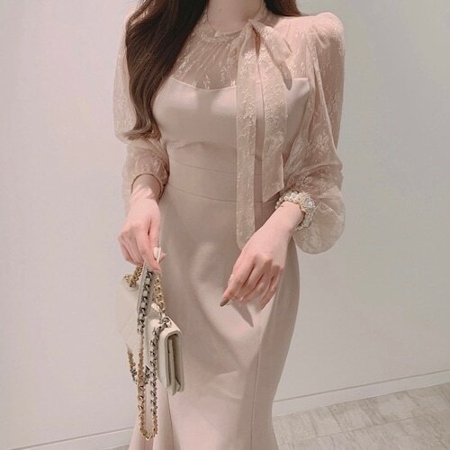 レディース サイドリボン マーメイド タイトワンピース シースルー レース パフスリーブ 大人可愛い ママコーデ ママファッション 韓国系 オルチャン 人気 トレンド 新作 20代 30代 40代 き