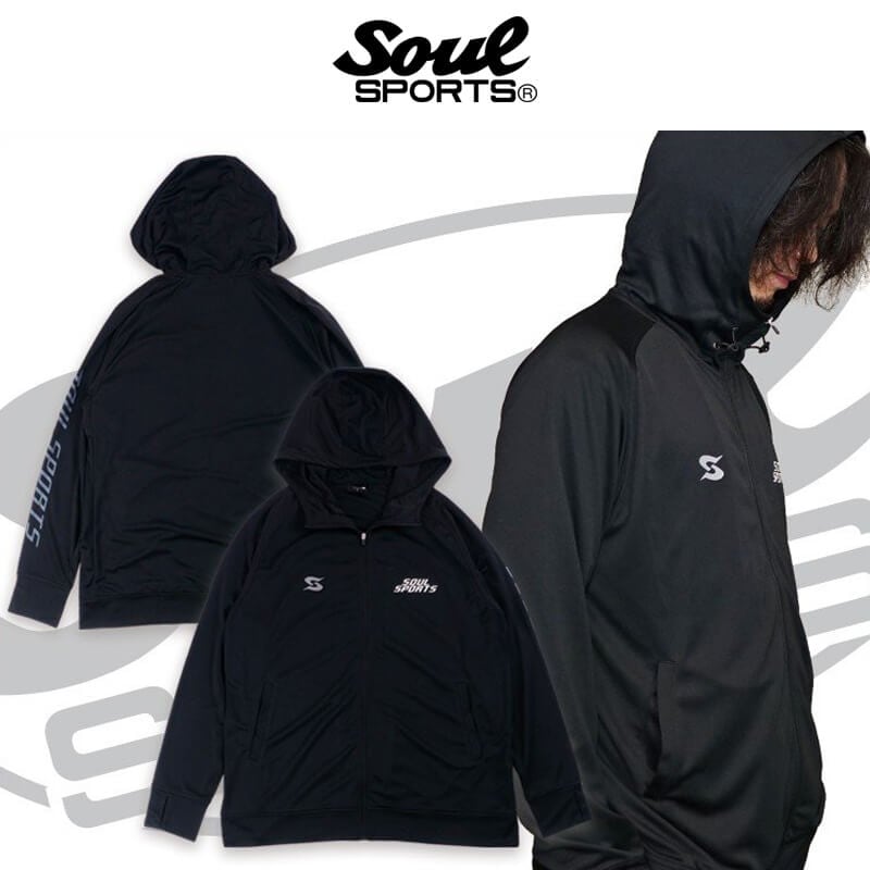 ソウルスポーツ オリジナル メンズ ドライジップパーカー ドライ素材 パーカー トップ 長袖 Sマーク リフレクター 反射素材 ブラック 全1色