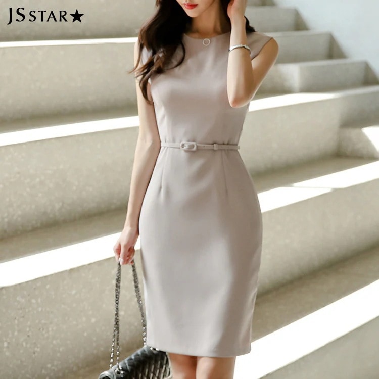 パーティードレスベルト付きノースリーブワンピースミディアム丈膝上丈スレンダーラインエレガント 母の日 母の日-0004977