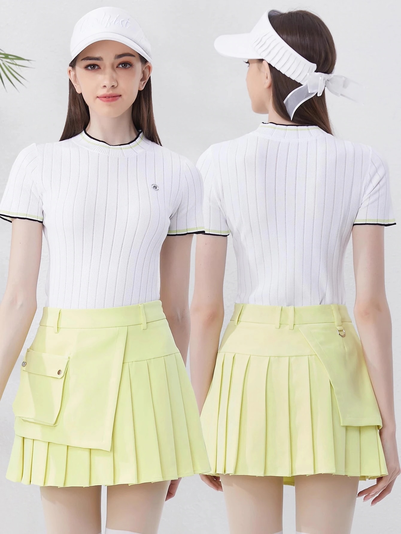 ゴルフウェア レディース スポーツウェア ゴルフスカート ニットシャツ Tシャツ 半袖 スカート 上下セット 黄色 白 プリーツスカ 春夏 秋冬 速乾 女性 テニスウェア 韓国風 おしゃれ