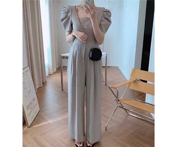 レディース パンツ オールインワン フルレングス 半袖 パフスリーブ スクエアネック ワイド フェミニン ウエストマーク ハイウエスト 異国風 ボタン 肩パッド入り ストレッチ 伸縮性 かわいい