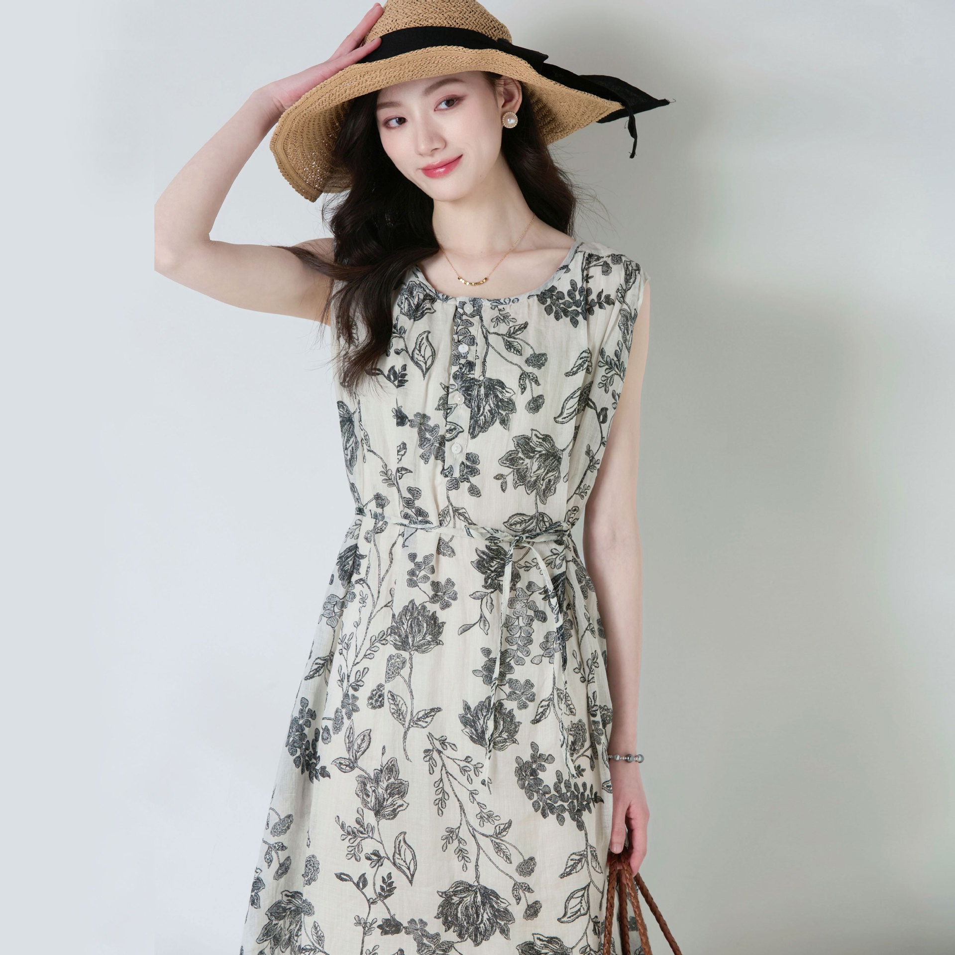 【送.料.無.料.急速発送】ラミー麻プリントのノースリーブリボン文芸レトロなゆったりとしたタンクトップスカートワンピース