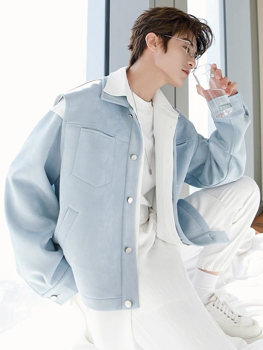 アウタージャンパーブルゾンダウンジャケットメンズファッション男装2点セットトレンドアウターの青年春と秋のぶつかり色スエード皮継ぎ手カジュアルジャケットミニジャケット