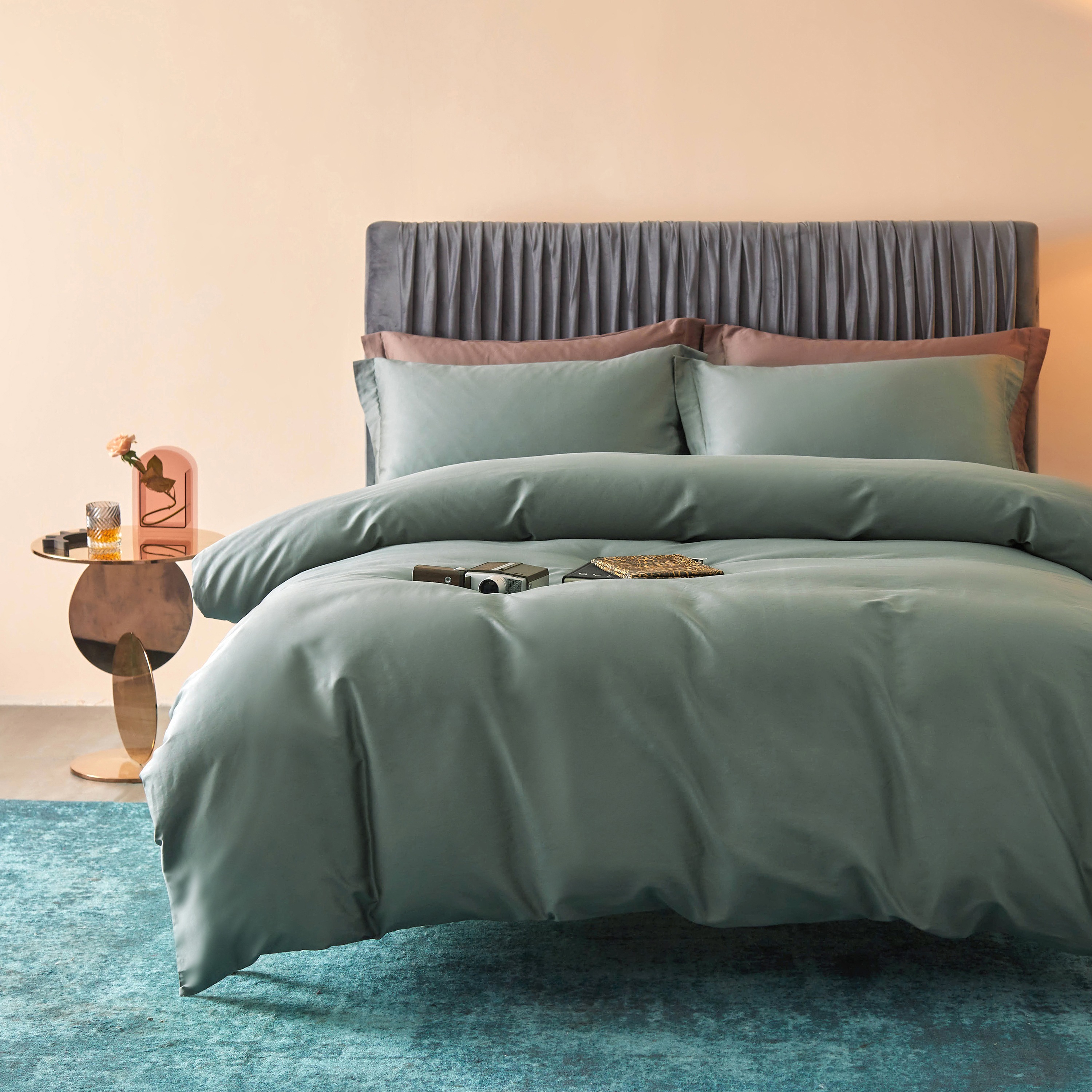 布団カバー シングル 4点セット アガベグリーン エジプト超長綿100% サテン調 さらさら肌触り