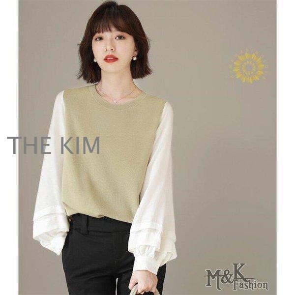 新しい ブラウス レディース ニット 切替 長袖 パフスリーブ 春物 バルーンスリーブ