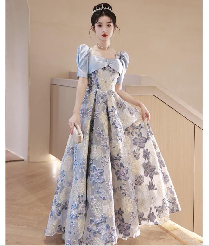 イブニングドレス ブルー サテン パフスリーブ 発表会ドレス 演奏会ドレス 高品質 刺繍 花柄 オシャレ ロングドレス プリント 花柄 素敵 キレイめ パーティードレス 結婚式ドレス 二次会ドレス お