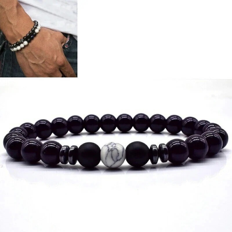 8mm 天然石風 ブラックアゲートヘマタイトビーズストーンブレスレット（ホワイトターコイズ）1個 アクセサリー 黒色 数珠 手首 フリーサイズ 伸縮 プレゼント 男性 女性 stb00-00-0216