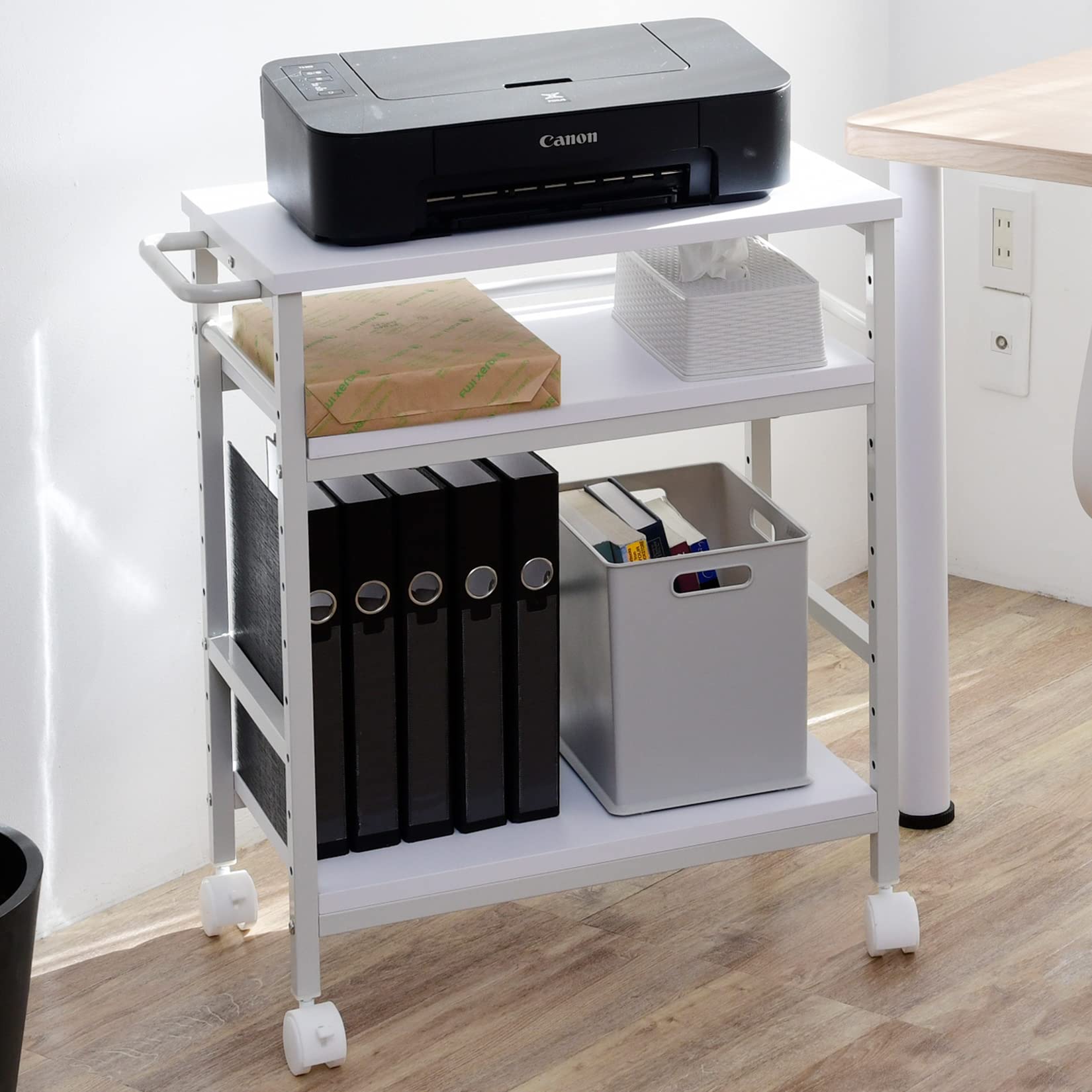 山善(YAMAZEN) デスク サイドワゴン キャスター付き 幅35×奥行55(61.5)×高さ70cm A4対応 棚板高さ調節 プリンター 台 ゲーム ラック 組立品 ホワイト