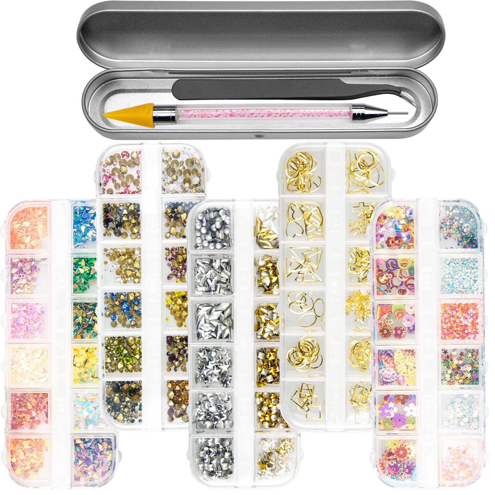 ネイルパーツ ネイル デコ用 カラーラインストーン 5個のケース入り 大容量セット 3D ネイルアート ドットペン1本付き+ピンセッ 1本付き