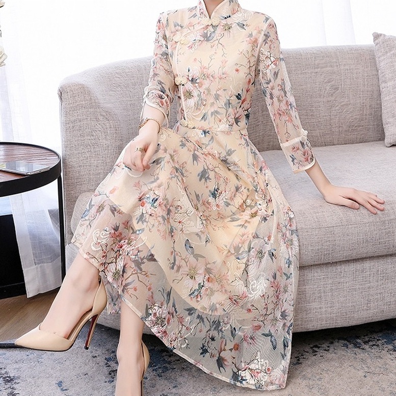ワンピース ドレス レディース フレアワンピース マオカラー オリエンタルドレス ロングワンピース