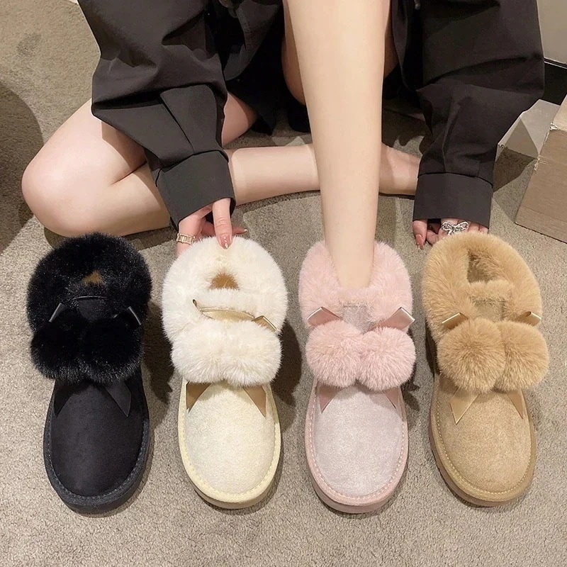 女性用スノーブーツ24ファーボールかわいい片足コットンシューズプラスベルベット厚みのある暖かいショートブーツ女性用