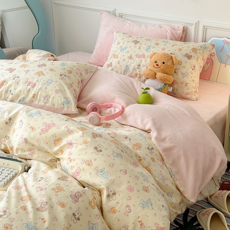 秋冬A面純綿B面牛乳絨毯保温4点セットins綿加絨厚手布団カバー1.8シーツ