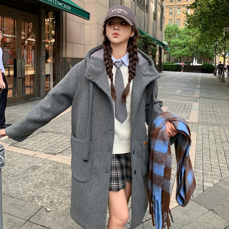 カレッジ風フード付きダウンライナーツイードコート2024新作厚手薄手ミディアム丈ツイードジャケット