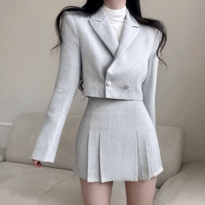 [フィット大ヒット!!/ウエストライン/ハイクオリティ] スリム か弱いフィット クロップ ショート ジャケット 彼女ルック デイリー デートルック セット ツーピース 可能 二重 ロック カラー ボ