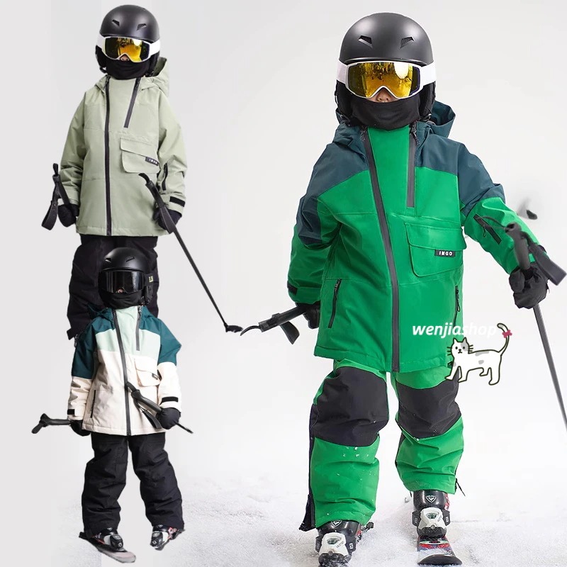 スノーボードウェア 2025 上下セット キッズ 子供 ベビー服 ジャケット アウター 緑色 赤 オーバーオール つなぎパンツ ズボン スノボウェア スキーウェア 防寒着韓国風 女の子 男の子 こども
