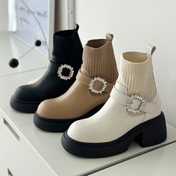 ショートブーツ ニットブーツ 天然牛革 ビジュー ストーム レディース ハイヒール 黒 ブラック ベージュ アイボリー 歩きやすい カジュアル 靴 婦人靴 韓国