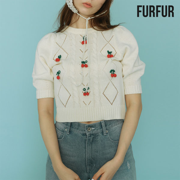 【SALE30%OFF】【即納】 ファーファー FURFUR トップス チェリーモチーフニットトップス ミドル丈 半袖 rwnt251107