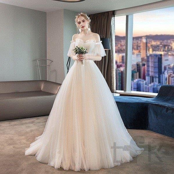 ウェディングドレス 白 花嫁 結婚式 ドレス パーティードレス パフスリーブ オフショルダー 花嫁ロングドレス 結婚式 二次会 お呼ばれ 挙式 姫系