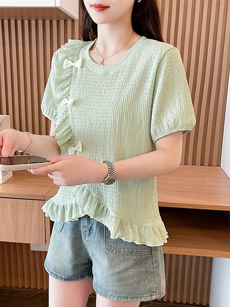 【1点ご購入 で10点プレゼントいたします】リボン正肩半袖Tシャツ女性ゆったりフリル不規則開叉上着