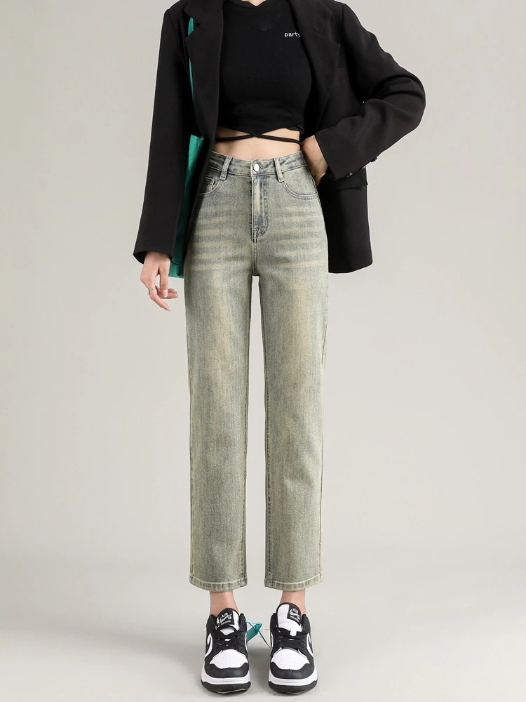 春新作ストレートジーンズ女性ハイウエストスモール薄型ルーlズサブインハイストリート潮