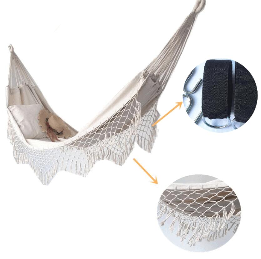 大型 屋外用ハンモック ポータブル設計 庭・バルコニー・キャンプに最適 北欧＆ボヘミアン風フリンジデザイン 洗練アウトドアスタイル