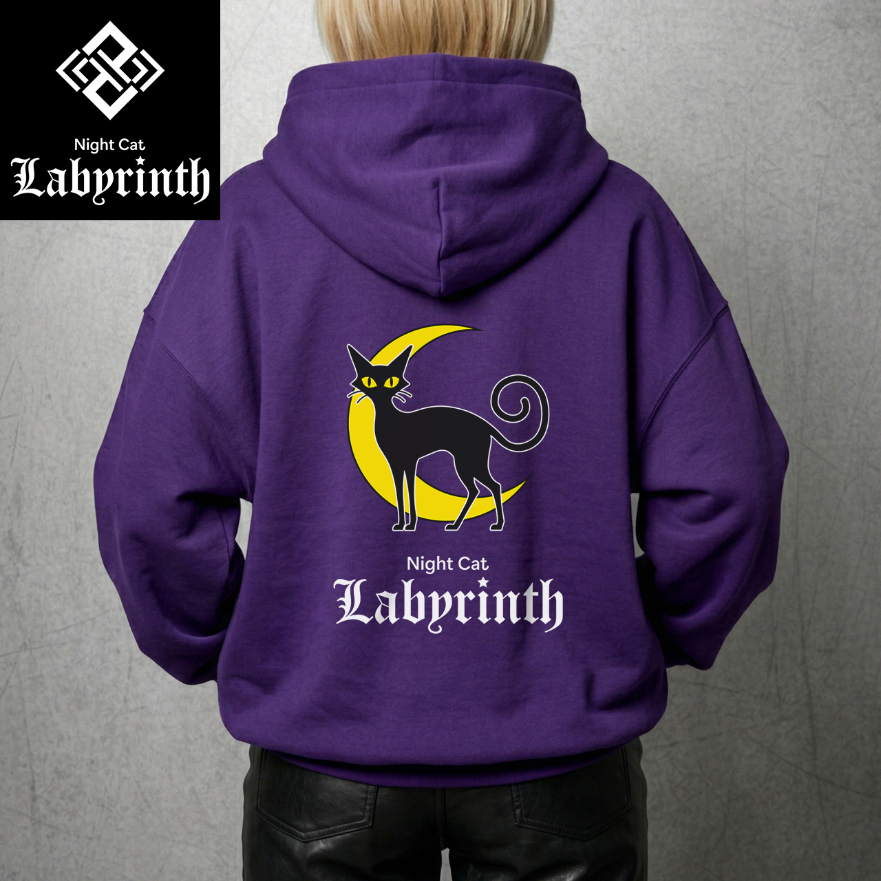 【Night Cat Labyrinth】ナイトキャットラビリンス 『黒猫と三日月』 フルジップパーカー 10oz 裏パイル (パープル)　黒猫 ゴシック ダークファンタジー ストリートファッション