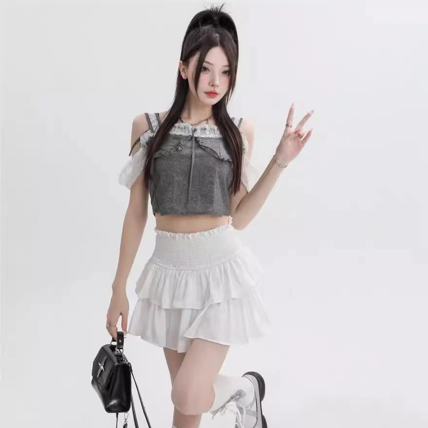 【1つ買うと10つ無料】白いふわふわしたスカートレイヤーによるレイヤー汎用サテンハイウエストケーキスカートタグウエストスリムスカートライニング露出を防ぐ