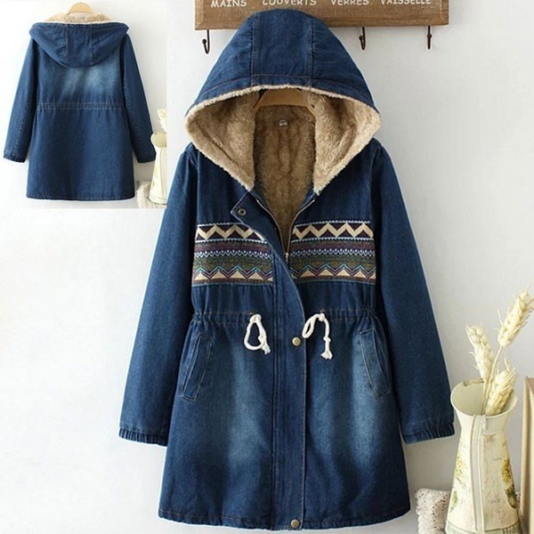 デニムコート　裏起毛　ロングコート　レディース　フード付き　ウェスト紐　ムートンコート　オーバーサイズコート　ウォッシュデニムジャケット