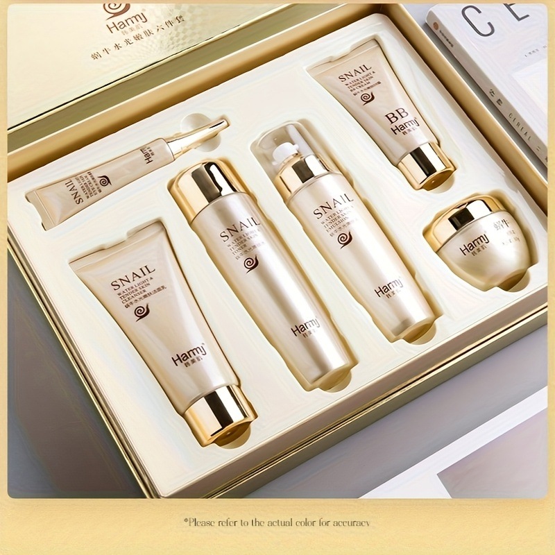 6個入り-HANMJ スネイルウォーターグロースキンケアセットスネイルフィルターと蓮エキス配合で深い保湿を実現ライトベージュの柔らかく弾力のある肌に顔用カラーガールフレンド・ボーイフレンド・ママ・親友