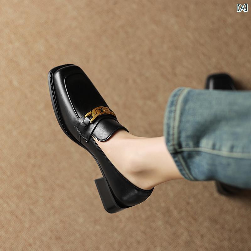 ローファー レディース オフィス メタル バックル 英国 茶色 小さい 革靴 女性 春秋 スクエアトゥ スリッポン 革 通勤 レトロ シューズ