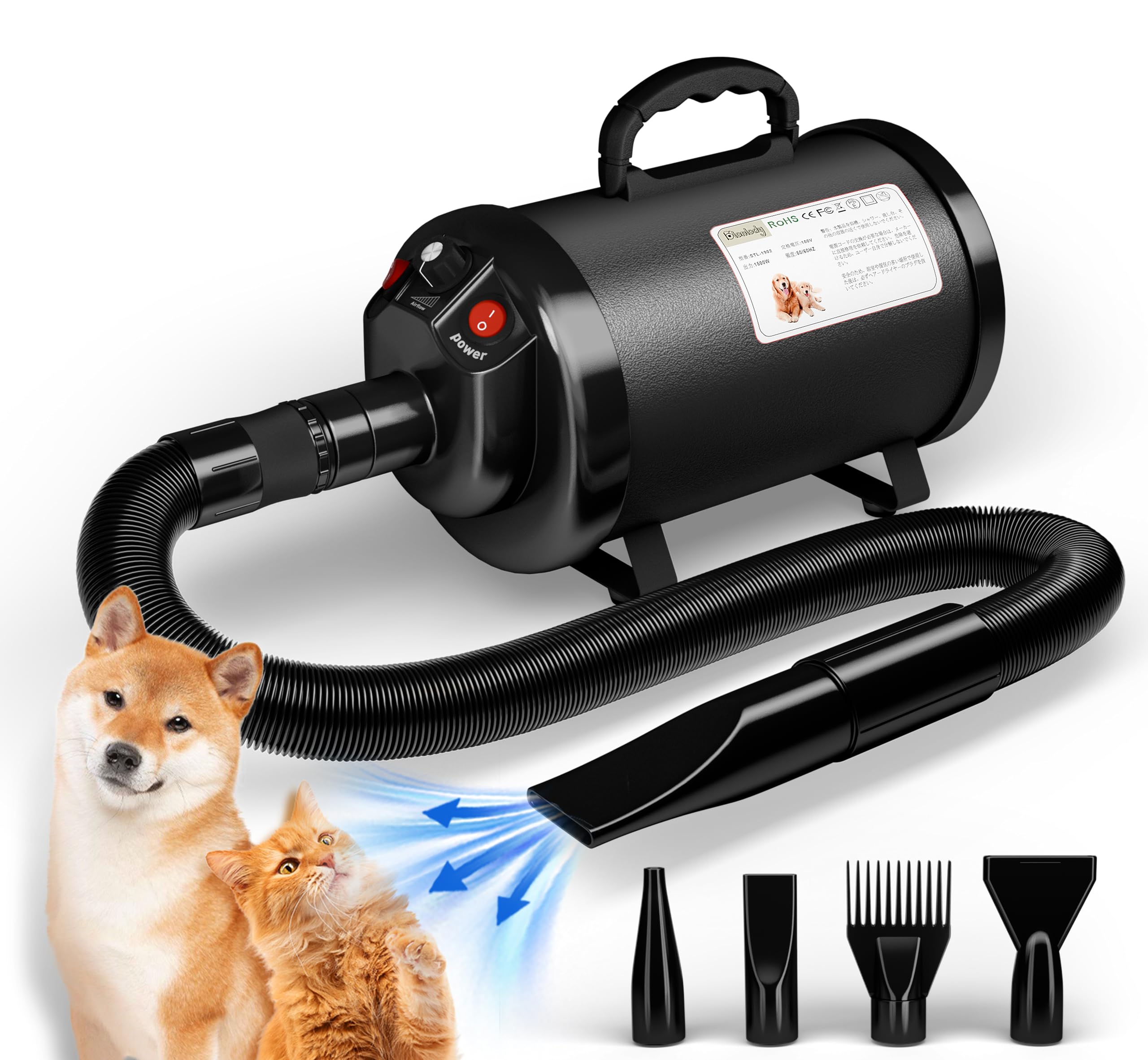 Blanlody 犬 ドライヤー 4.5PS / 3200W 低ノイズ 50dB 犬用ドライヤー 業務用 無段階 風速75m/s ペットドライヤー 自宅で 猫 ドライヤー 温度可調整 4つのノズル付き