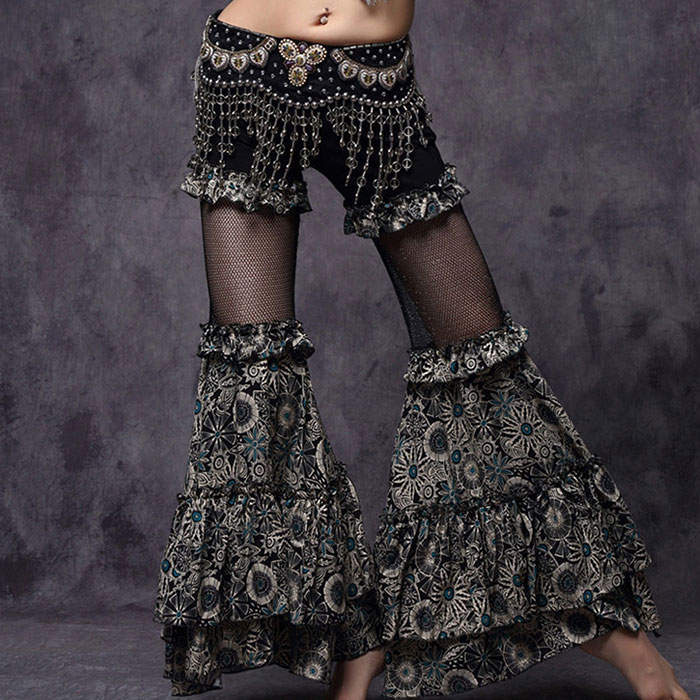 ダンスパンツ便利な詰め合わせ裾フリルパンツのブラック メッシュ 花柄 社交ダンス パンツ・ベリーダンス パンツ・ピラティス ウェア・ダンスウェア・ダンス レディース ズボン 衣装 Belly Danc