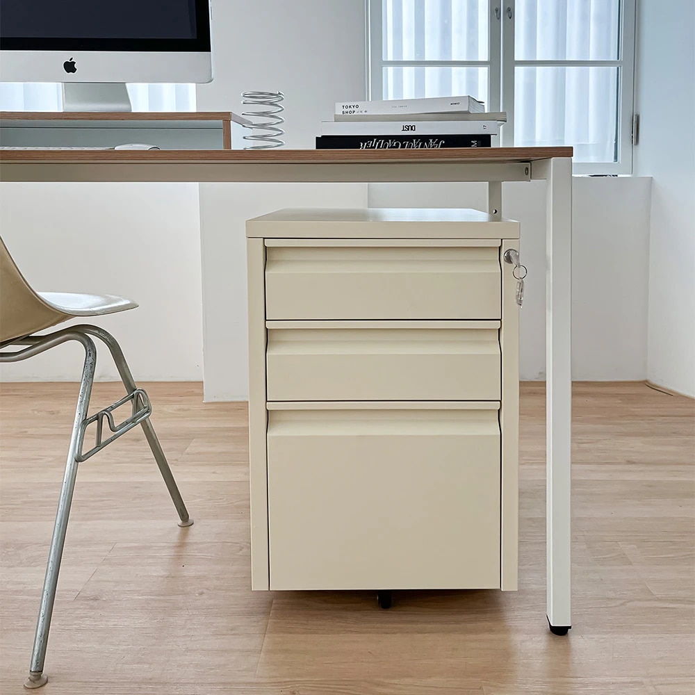 バター3段移動式鉄製キャビネット 韓国インテリア 引き出し 鍵付き オフィス バターカラー スチール 40.5×50×61cm 28,324円