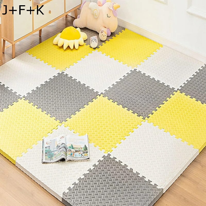 吸着マット ジョイントマット エコ 防臭 抗菌 汚れ防止 防音 防水 ケガ防止 弾力良く 滑り止め 柔らかい 厚め インテリア 知育 子供部屋 ホワイト+イエロー+グレー DIY可能 お手入れ簡単 無
