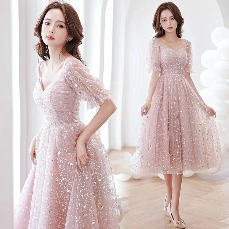 結婚式ドレス 二次会ドレス ピンク ミモレ丈ドレス パフスリーブ パール 可愛い 成人式ドレス 同窓会 謝恩会 ミディアム丈ドレス スパンコール キラキラ キレイめ パーティードレス Aライン XS