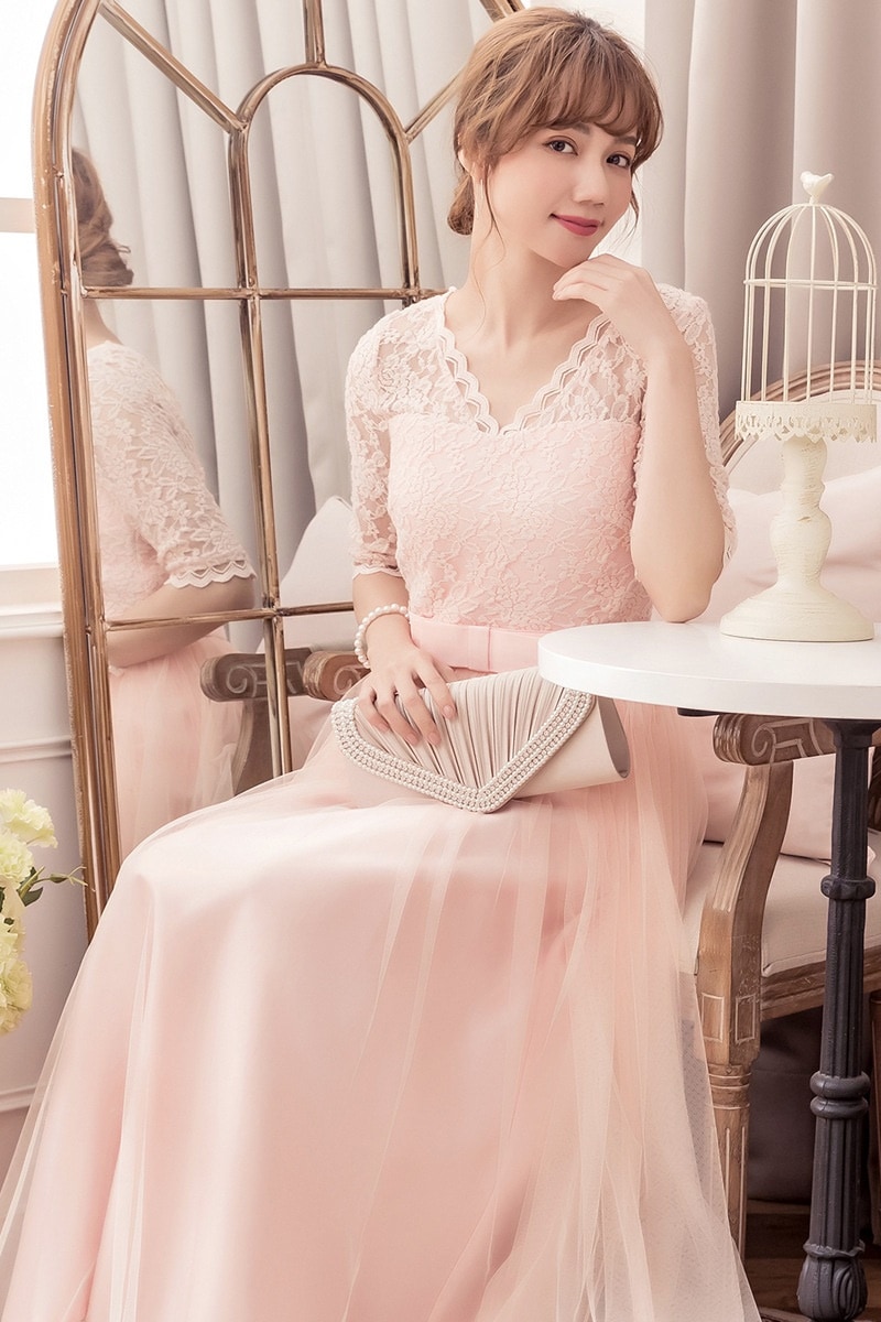 1725.Vネックシースルーロングドレス（ピンク）2019 春夏 sale 結婚式 パーティー お呼ばれ 演奏会 女子会 同窓会 100,000円