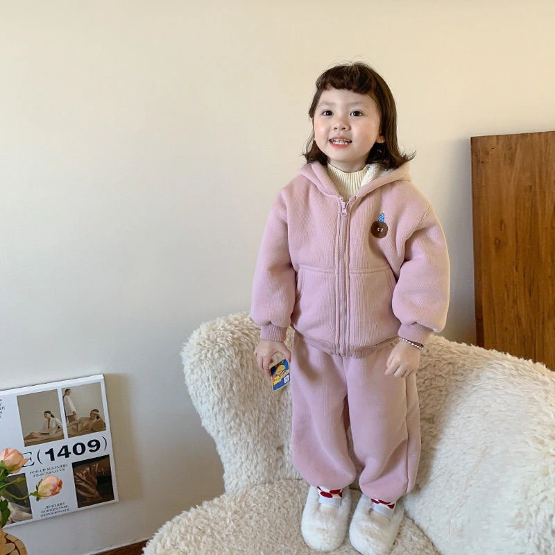 【2枚購入で100円OFF】 韓国子供服 子供服 秋冬新作セット 女子秋と冬セータースーツ中わた入り厚手新しい女性ベビー秋と冬厚手フード付きセーター 最安値保証 品質良い