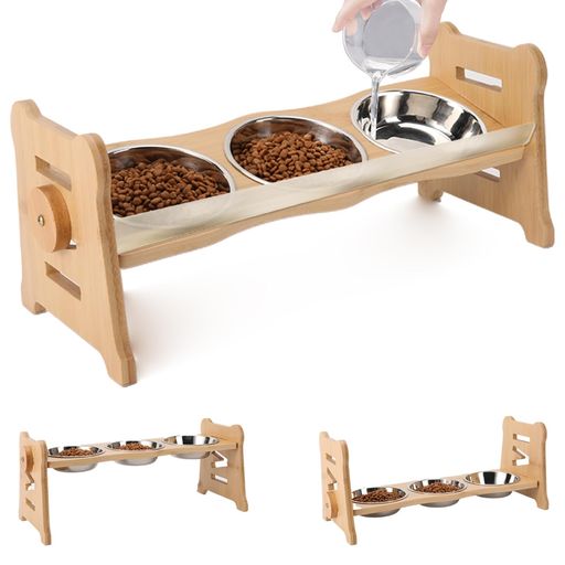 CENWOPAL 猫 食器 えさ 皿 フードボウル 304ステンレス製 食器スタンド 竹製 餌入れ 水飲み 食べやすい ペット食器 取り外し可能 小型犬 猫 兼用