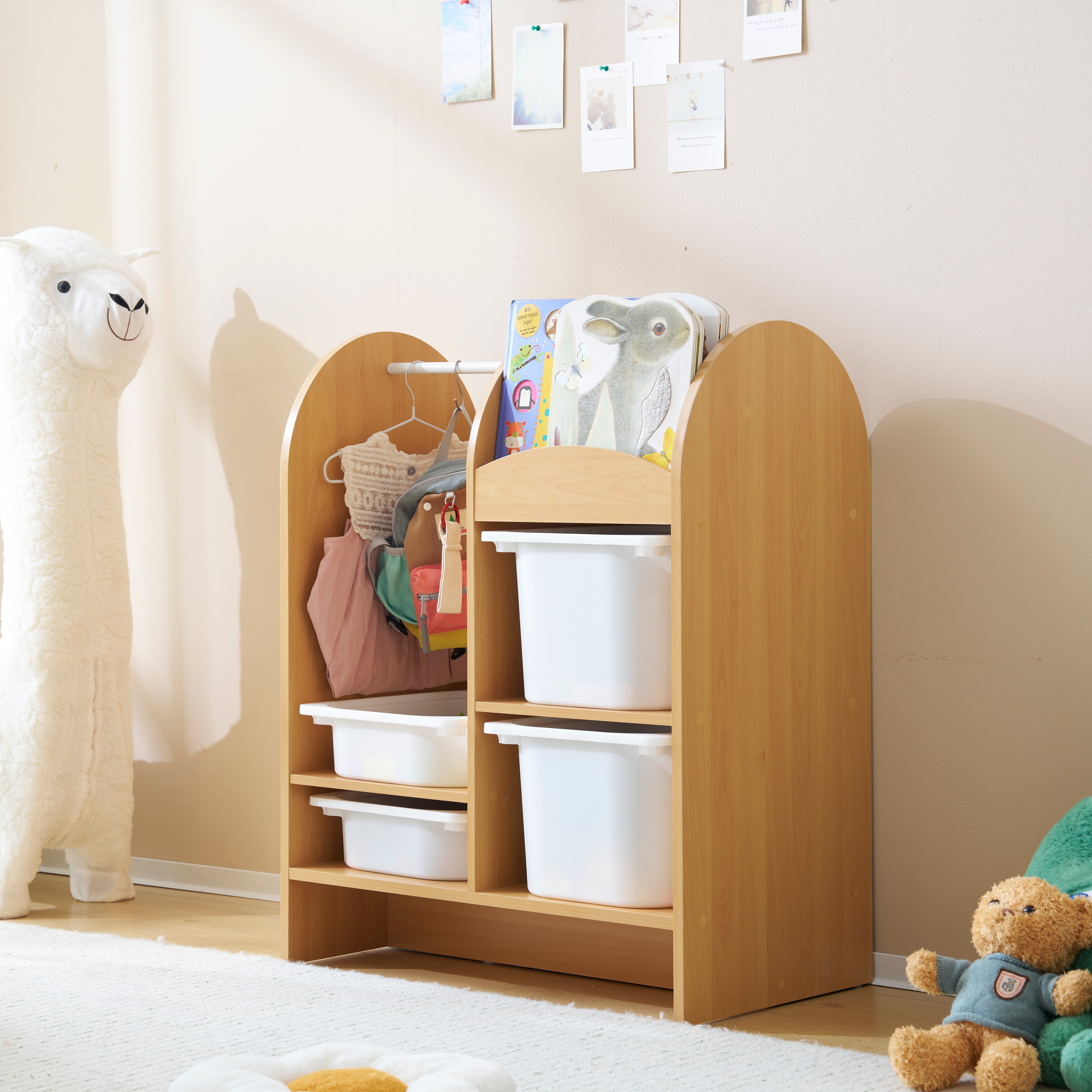 【送.料.無.料！】【国内発送】【人気モデルアップグレード】おもちゃ収納ラック ハンガーバー付き 子ども用家具 木製 収納ケース ワイドタイプ 大容量 組立カンタン 絵本棚 絵本ラック こども コンパ