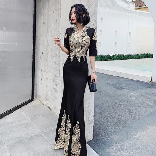 【即納】ロングドレス イブニングドレス パーティードレス ワンピース 演奏会 謝恩会 韓国 刺繍 Vネック 春 夏 秋 冬 五分袖 ロング丈 マキシ丈 マーメイド 大きいサイズ エレガント 大人 結婚