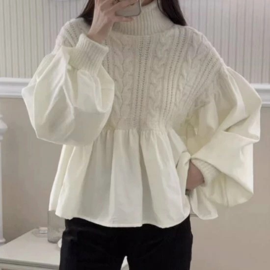 ニットセーター レディース トップス 長袖 異素材ミックス 切り替え ハイネック ケーブル編み ボリューム袖 プルオーバー フレア裾 カジュアル お出かけ おしゃれ 個性的 可愛い 女性 ファッション