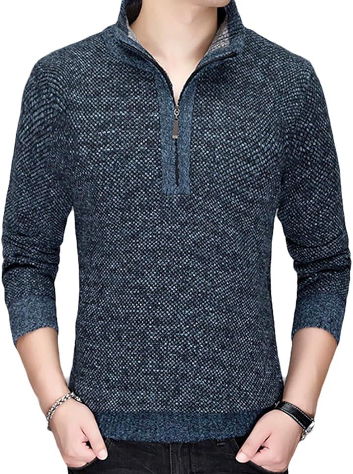 セーター メンズ ニット ハイネック 厚手 大人 裏ボア 防寒 リブ袖 ポケット 無地 トップス( ネイビー, M)