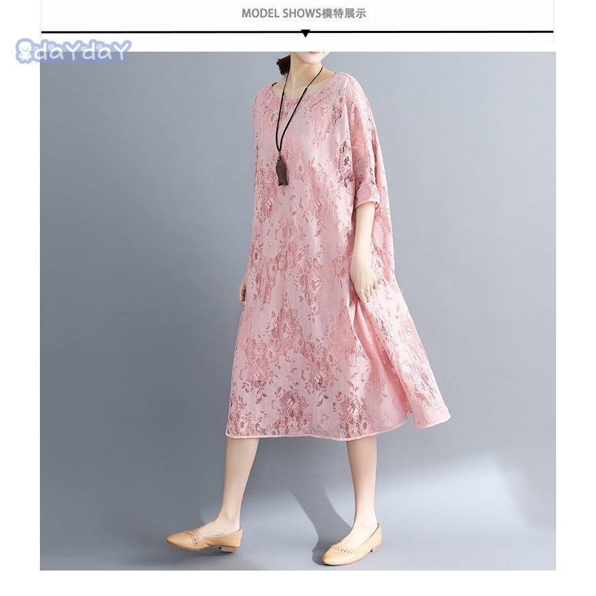 ワンピース レースワンピ ロングワンピース レディース ワンピ 2点セット セット レース 総レース 可愛い 5分袖 シースルー 森ガール 体型カバー 膝下 綿混 春