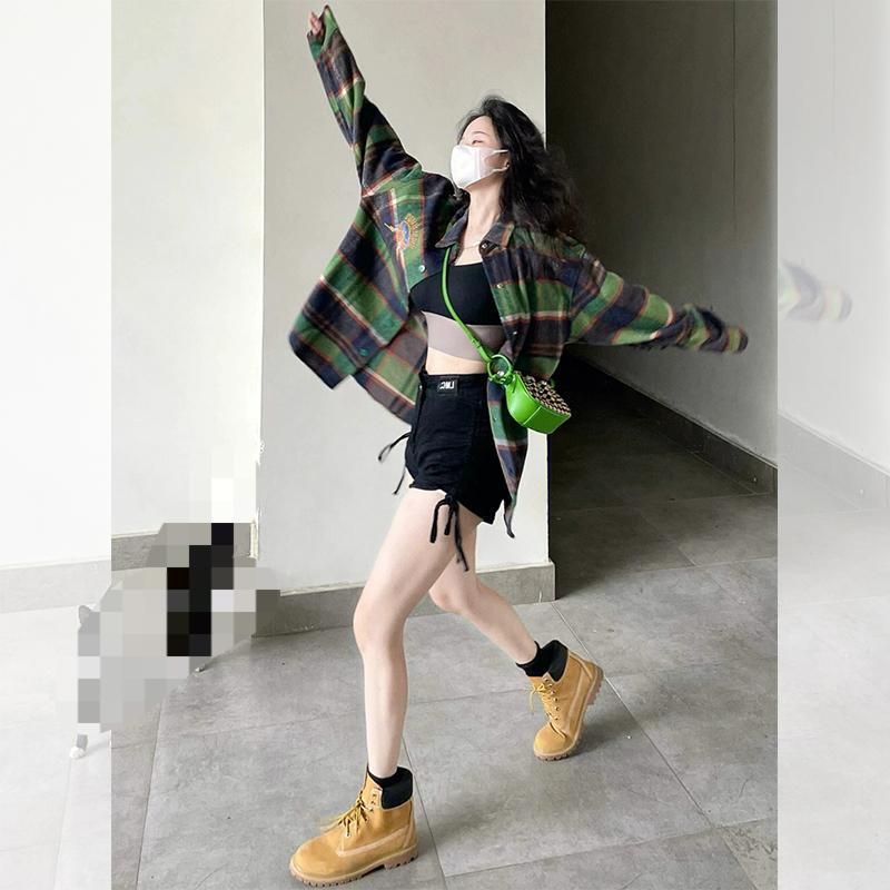 「爆買」柄 可愛い チェック トップス ジャケット フレンチ 春秋 ゆったり シャツ キレイ お洒落 グリーン レディース